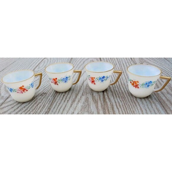 VTG Set of 4 Iridescent French Milk Glass Teacups Gold Trim Hand Painted Floral - Picture 3 of 8